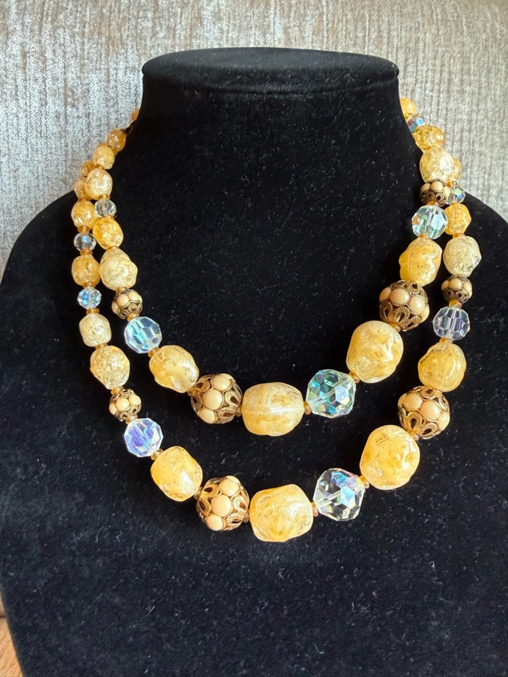 Vintage double-strand necklace AB beads and textured yellow beads